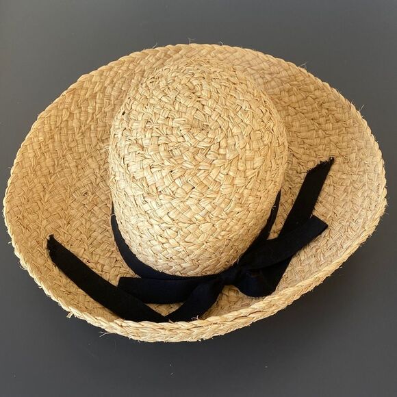 L.L. Bean Natural Straw Raffia Sun Hat Black Ribbon S/M Beach Euro Vacation main image 6